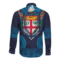 Fiji Coat of Arms Traditional Dashiki Long Sleeve Button Shirt Tapa Art and Palm Leaves Pattern Dark Navy Color LT03 - Polynesian Pride