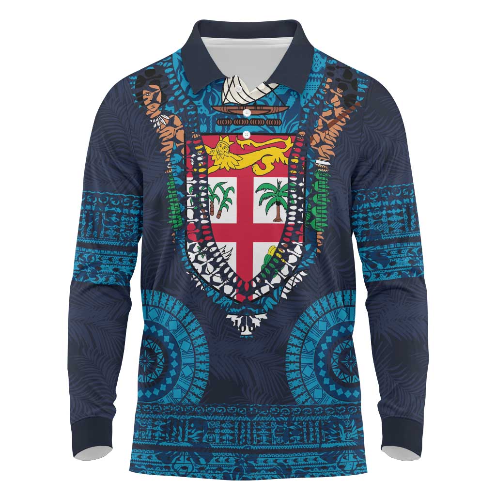 Fiji Coat of Arms Traditional Dashiki Long Sleeve Polo Shirt Tapa Art and Palm Leaves Pattern Dark Navy Color LT03 Navy - Polynesian Pride