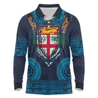 Fiji Coat of Arms Traditional Dashiki Long Sleeve Polo Shirt Tapa Art and Palm Leaves Pattern Dark Navy Color LT03 Navy - Polynesian Pride