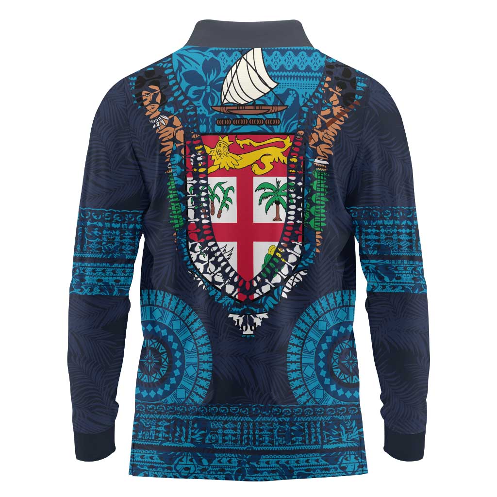 Fiji Coat of Arms Traditional Dashiki Long Sleeve Polo Shirt Tapa Art and Palm Leaves Pattern Dark Navy Color LT03 - Polynesian Pride
