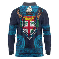 Fiji Coat of Arms Traditional Dashiki Long Sleeve Polo Shirt Tapa Art and Palm Leaves Pattern Dark Navy Color LT03 - Polynesian Pride