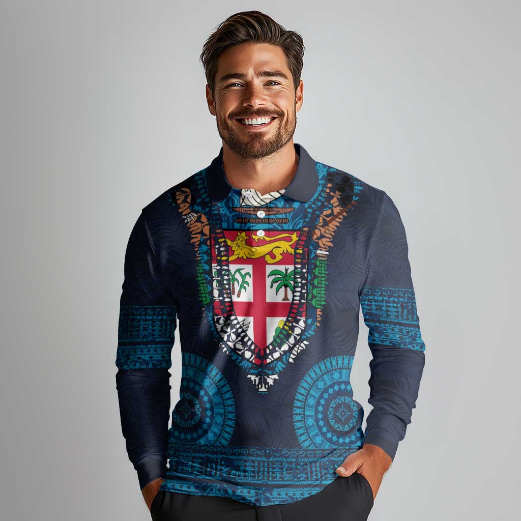 Fiji Coat of Arms Traditional Dashiki Long Sleeve Polo Shirt Tapa Art and Palm Leaves Pattern Dark Navy Color LT03 - Polynesian Pride