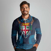 Fiji Coat of Arms Traditional Dashiki Long Sleeve Polo Shirt Tapa Art and Palm Leaves Pattern Dark Navy Color LT03 - Polynesian Pride