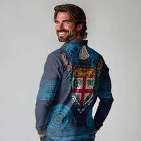 Fiji Coat of Arms Traditional Dashiki Long Sleeve Polo Shirt Tapa Art and Palm Leaves Pattern Dark Navy Color LT03 - Polynesian Pride