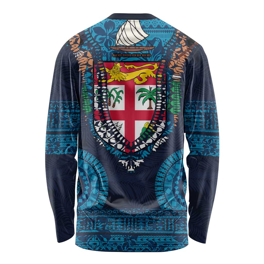 Fiji Coat of Arms Traditional Dashiki Long Sleeve Shirt Tapa Art and Palm Leaves Pattern Dark Navy Color LT03 - Polynesian Pride