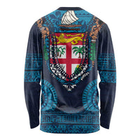 Fiji Coat of Arms Traditional Dashiki Long Sleeve Shirt Tapa Art and Palm Leaves Pattern Dark Navy Color LT03 - Polynesian Pride