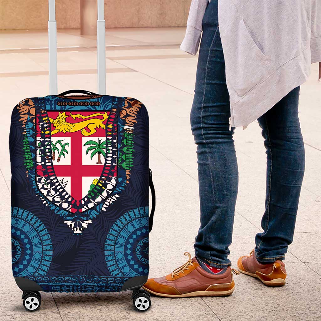 Fiji Coat of Arms Traditional Dashiki Luggage Cover Tapa Art and Palm Leaves Pattern Dark Navy Color LT03 Navy - Polynesian Pride