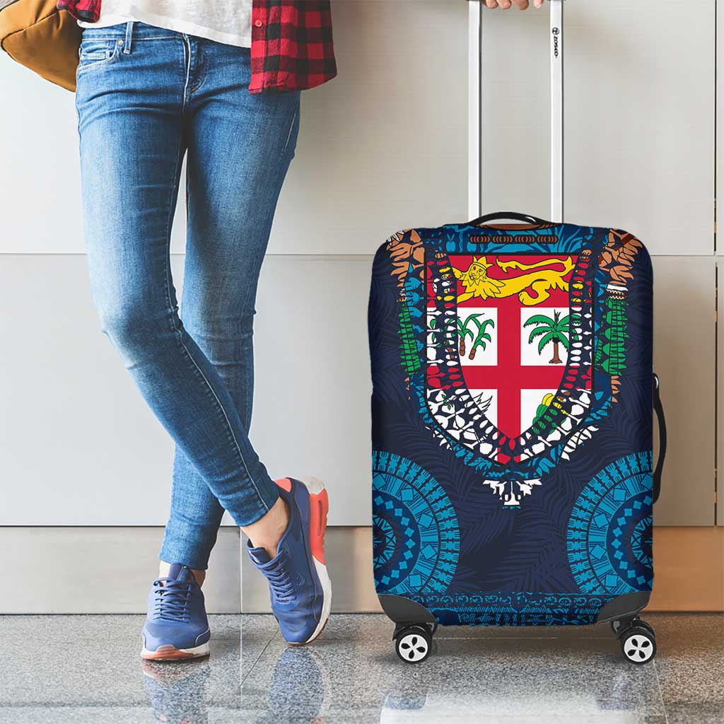 Fiji Coat of Arms Traditional Dashiki Luggage Cover Tapa Art and Palm Leaves Pattern Dark Navy Color LT03 - Polynesian Pride