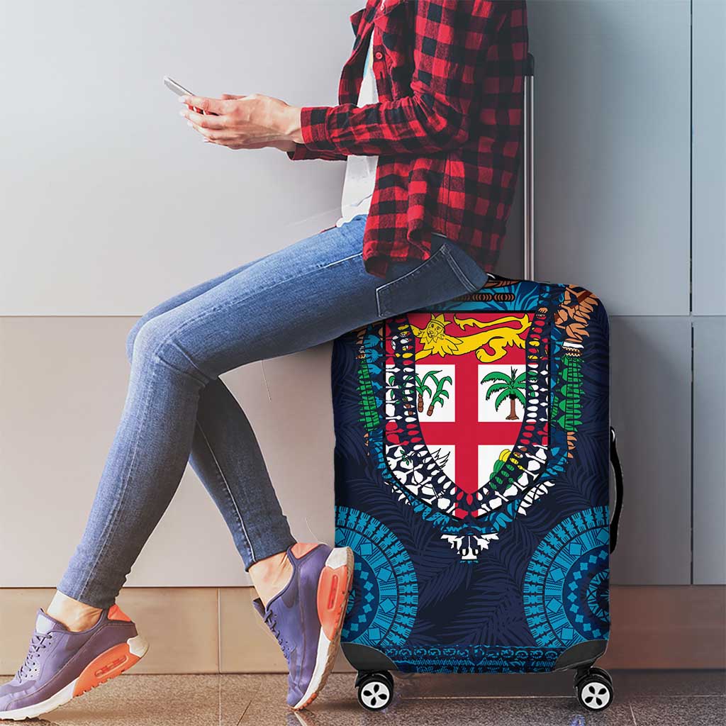 Fiji Coat of Arms Traditional Dashiki Luggage Cover Tapa Art and Palm Leaves Pattern Dark Navy Color LT03 - Polynesian Pride