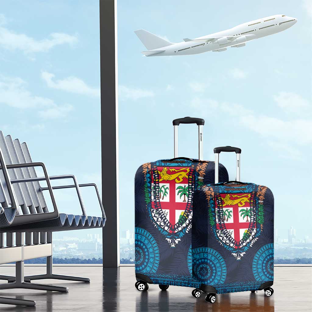 Fiji Coat of Arms Traditional Dashiki Luggage Cover Tapa Art and Palm Leaves Pattern Dark Navy Color LT03 - Polynesian Pride