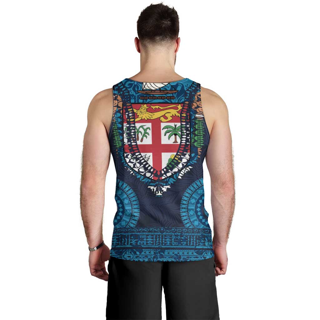 Fiji Coat of Arms Traditional Dashiki Men Tank Top Tapa Art and Palm Leaves Pattern Dark Navy Color LT03 - Polynesian Pride
