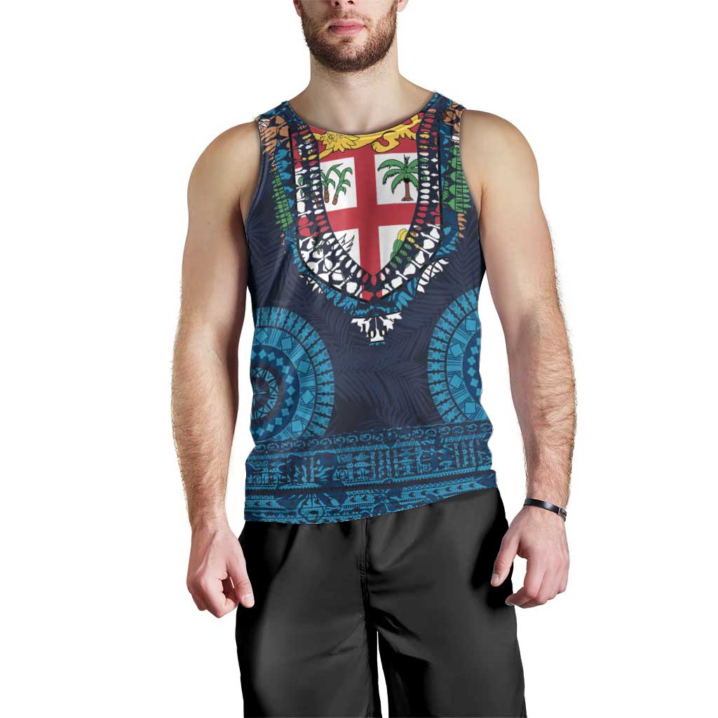Fiji Coat of Arms Traditional Dashiki Men Tank Top Tapa Art and Palm Leaves Pattern Dark Navy Color LT03 - Polynesian Pride