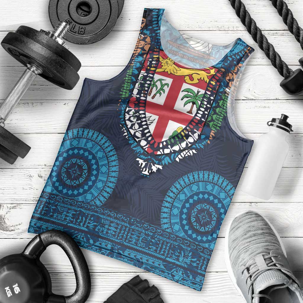Fiji Coat of Arms Traditional Dashiki Men Tank Top Tapa Art and Palm Leaves Pattern Dark Navy Color LT03 - Polynesian Pride
