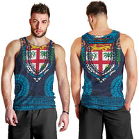 Fiji Coat of Arms Traditional Dashiki Men Tank Top Tapa Art and Palm Leaves Pattern Dark Navy Color LT03 - Polynesian Pride