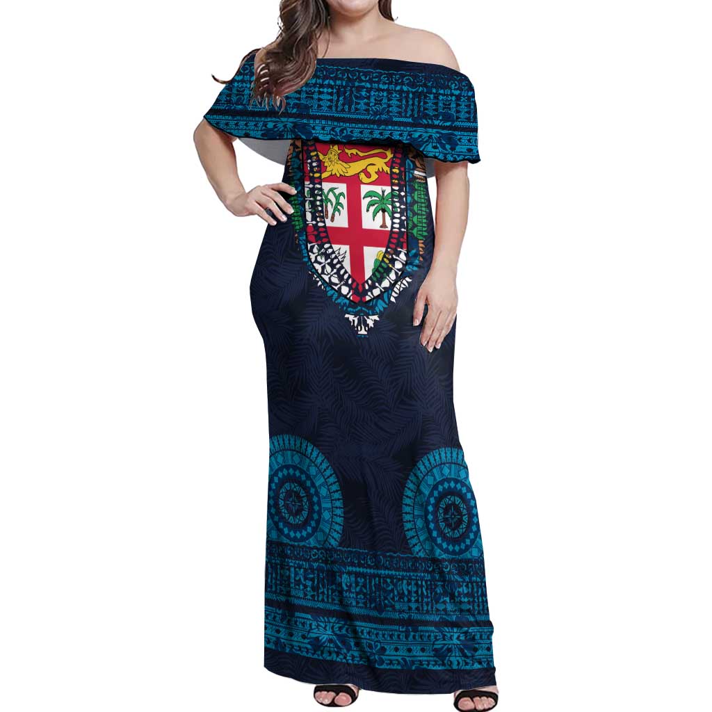 Fiji Coat of Arms Traditional Dashiki Off Shoulder Maxi Dress Tapa Art and Palm Leaves Pattern Dark Navy Color LT03 Women Navy - Polynesian Pride