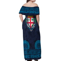 Fiji Coat of Arms Traditional Dashiki Off Shoulder Maxi Dress Tapa Art and Palm Leaves Pattern Dark Navy Color LT03 - Polynesian Pride