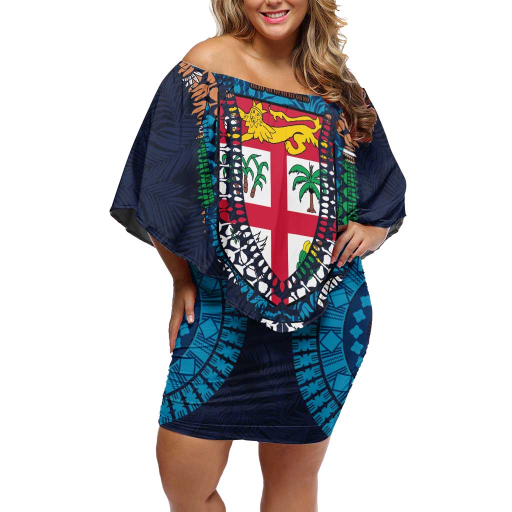Fiji Coat of Arms Traditional Dashiki Off Shoulder Short Dress Tapa Art and Palm Leaves Pattern Dark Navy Color LT03 Women Navy - Polynesian Pride