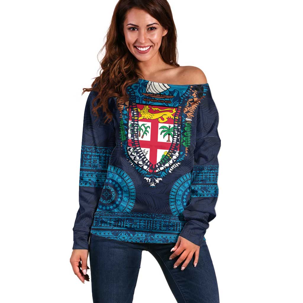 Fiji Coat of Arms Traditional Dashiki Off Shoulder Sweater Tapa Art and Palm Leaves Pattern Dark Navy Color LT03 Women Navy - Polynesian Pride