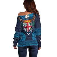 Fiji Coat of Arms Traditional Dashiki Off Shoulder Sweater Tapa Art and Palm Leaves Pattern Dark Navy Color LT03 - Polynesian Pride