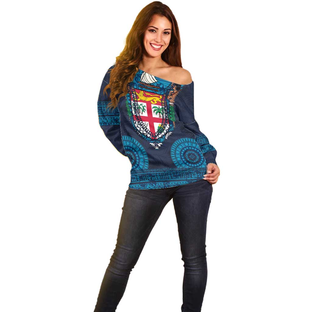 Fiji Coat of Arms Traditional Dashiki Off Shoulder Sweater Tapa Art and Palm Leaves Pattern Dark Navy Color LT03 - Polynesian Pride