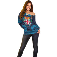 Fiji Coat of Arms Traditional Dashiki Off Shoulder Sweater Tapa Art and Palm Leaves Pattern Dark Navy Color LT03 - Polynesian Pride