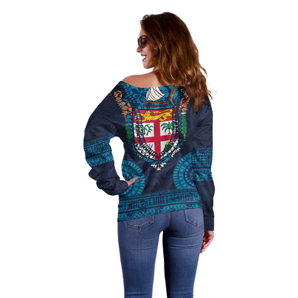 Fiji Coat of Arms Traditional Dashiki Off Shoulder Sweater Tapa Art and Palm Leaves Pattern Dark Navy Color LT03 - Polynesian Pride