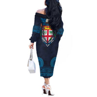 Fiji Coat of Arms Traditional Dashiki Off The Shoulder Long Sleeve Dress Tapa Art and Palm Leaves Pattern Dark Navy Color LT03 - Polynesian Pride
