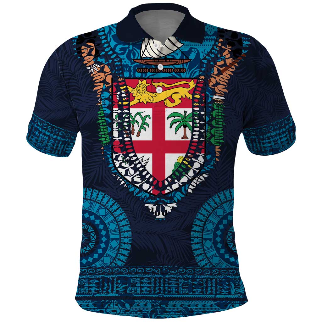 Fiji Coat of Arms Traditional Dashiki Polo Shirt Tapa Art and Palm Leaves Pattern Dark Navy Color LT03 Navy - Polynesian Pride