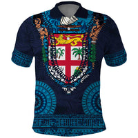 Fiji Coat of Arms Traditional Dashiki Polo Shirt Tapa Art and Palm Leaves Pattern Dark Navy Color LT03 Navy - Polynesian Pride