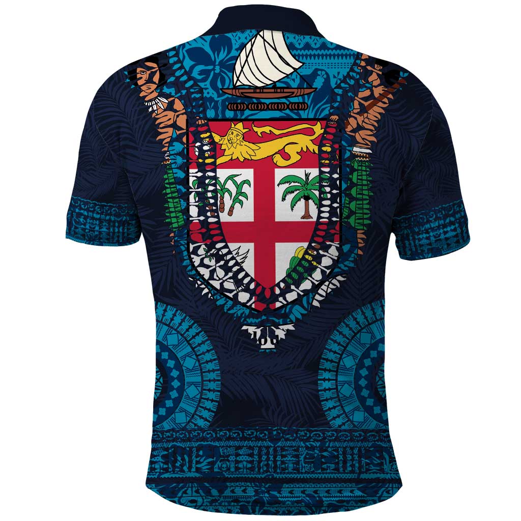 Fiji Coat of Arms Traditional Dashiki Polo Shirt Tapa Art and Palm Leaves Pattern Dark Navy Color LT03 - Polynesian Pride
