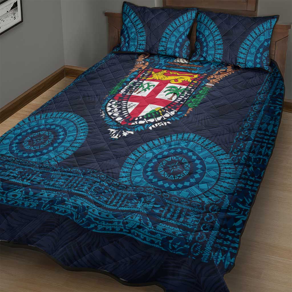 Fiji Coat of Arms Traditional Dashiki Quilt Bed Set Tapa Art and Palm Leaves Pattern Dark Navy Color LT03 - Polynesian Pride
