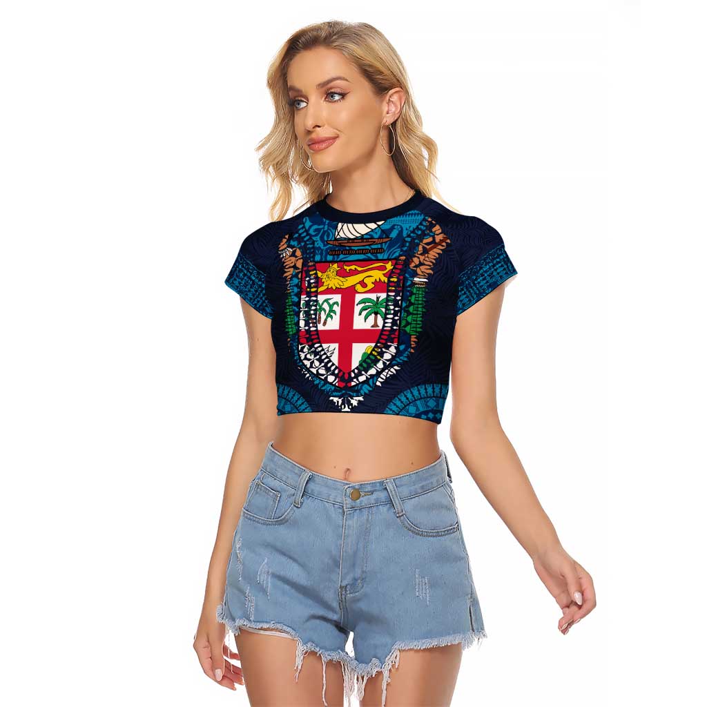 Fiji Coat of Arms Traditional Dashiki Raglan Cropped T Shirt Tapa Art and Palm Leaves Pattern Dark Navy Color LT03 Female Navy - Polynesian Pride
