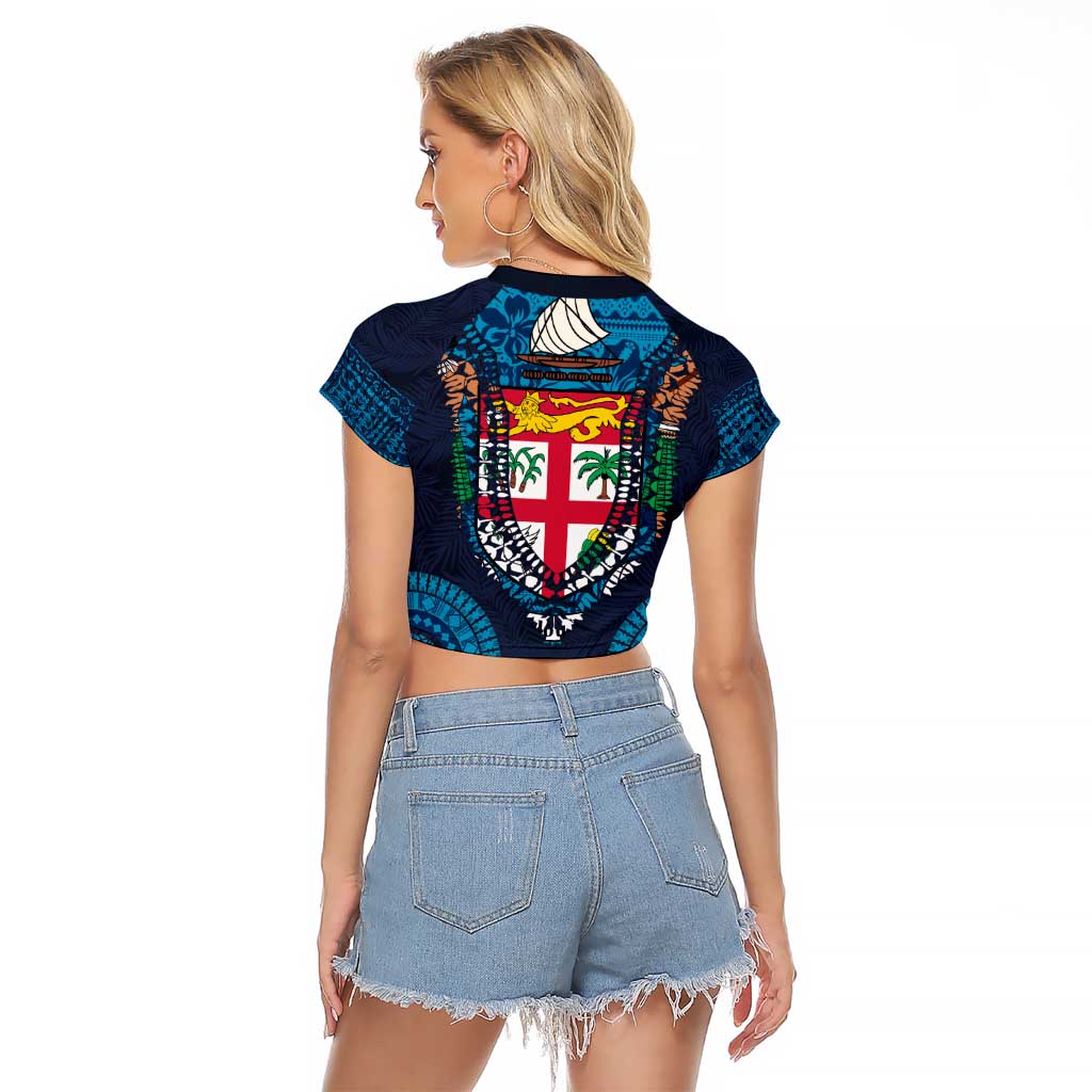 Fiji Coat of Arms Traditional Dashiki Raglan Cropped T Shirt Tapa Art and Palm Leaves Pattern Dark Navy Color LT03 - Polynesian Pride