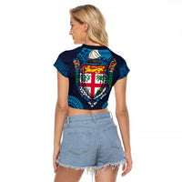 Fiji Coat of Arms Traditional Dashiki Raglan Cropped T Shirt Tapa Art and Palm Leaves Pattern Dark Navy Color LT03 - Polynesian Pride