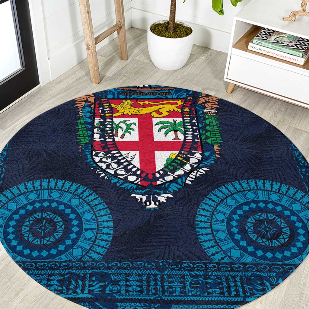 Fiji Coat of Arms Traditional Dashiki Round Carpet Tapa Art and Palm Leaves Pattern Dark Navy Color LT03 Navy - Polynesian Pride