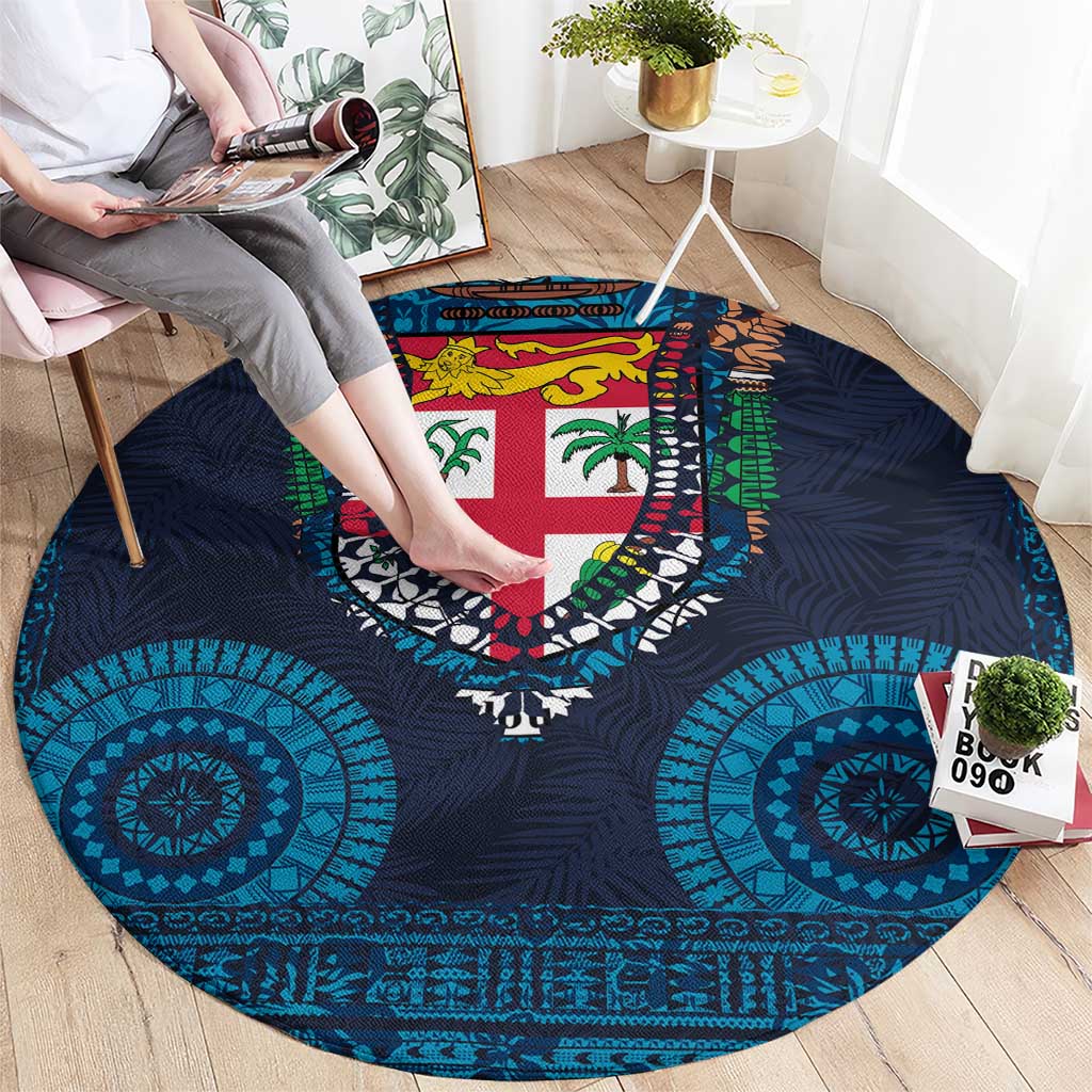 Fiji Coat of Arms Traditional Dashiki Round Carpet Tapa Art and Palm Leaves Pattern Dark Navy Color LT03 - Polynesian Pride