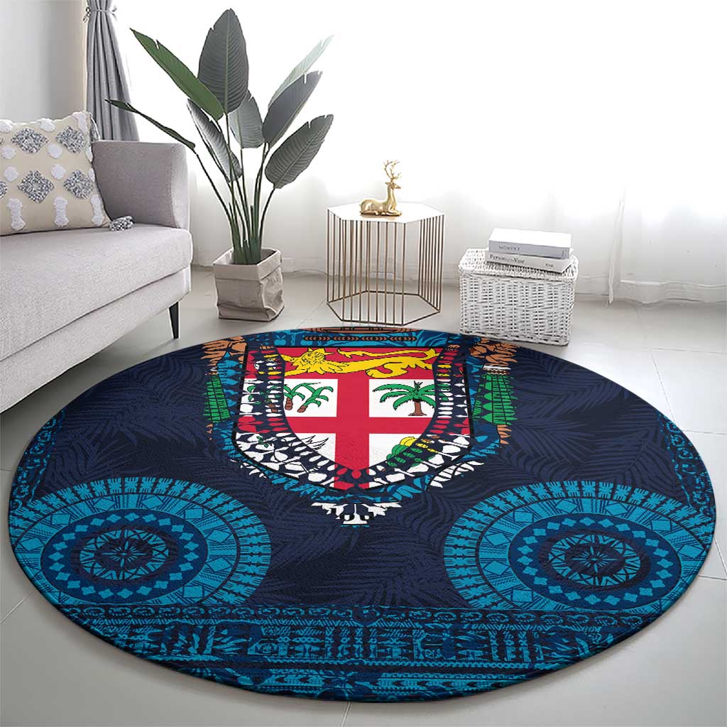 Fiji Coat of Arms Traditional Dashiki Round Carpet Tapa Art and Palm Leaves Pattern Dark Navy Color LT03 - Polynesian Pride