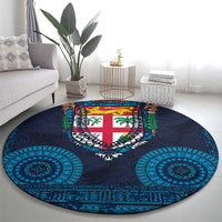 Fiji Coat of Arms Traditional Dashiki Round Carpet Tapa Art and Palm Leaves Pattern Dark Navy Color LT03 - Polynesian Pride