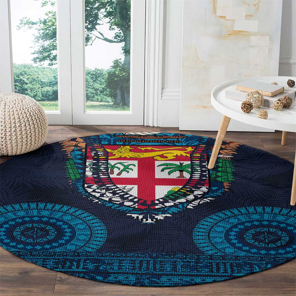 Fiji Coat of Arms Traditional Dashiki Round Carpet Tapa Art and Palm Leaves Pattern Dark Navy Color LT03 - Polynesian Pride