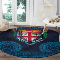 Fiji Coat of Arms Traditional Dashiki Round Carpet Tapa Art and Palm Leaves Pattern Dark Navy Color LT03 - Polynesian Pride