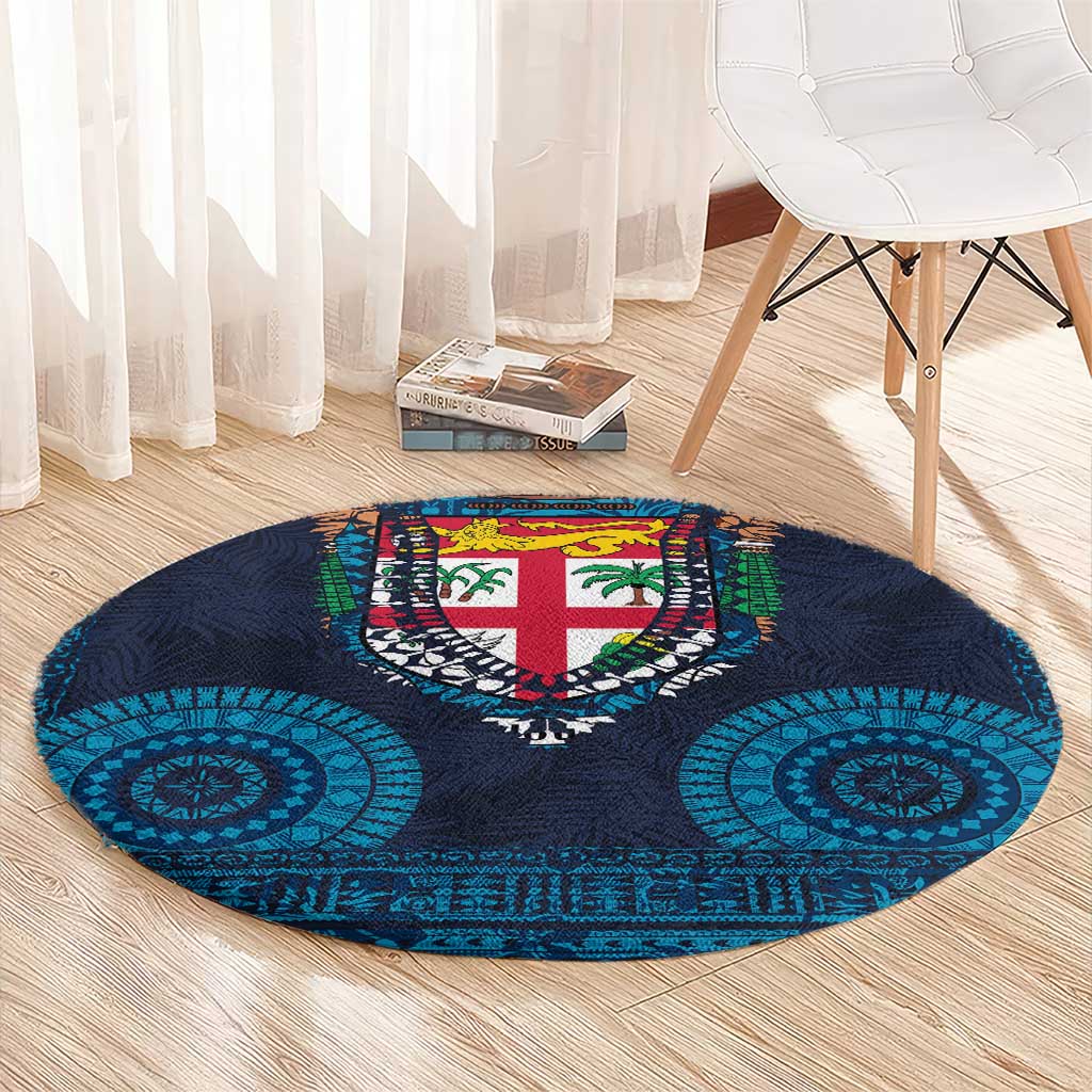 Fiji Coat of Arms Traditional Dashiki Round Carpet Tapa Art and Palm Leaves Pattern Dark Navy Color LT03 - Polynesian Pride