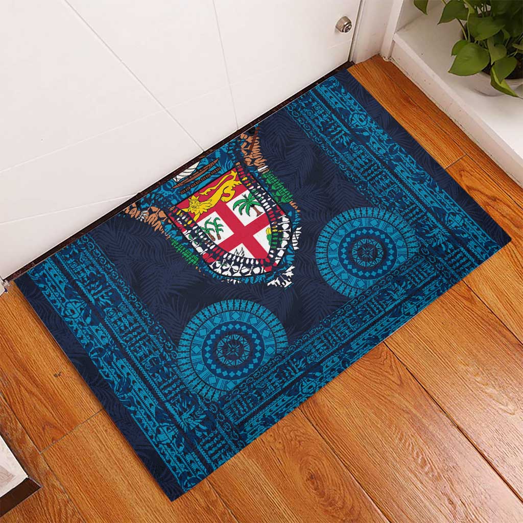 Fiji Coat of Arms Traditional Dashiki Rubber Doormat Tapa Art and Palm Leaves Pattern Dark Navy Color LT03 - Polynesian Pride