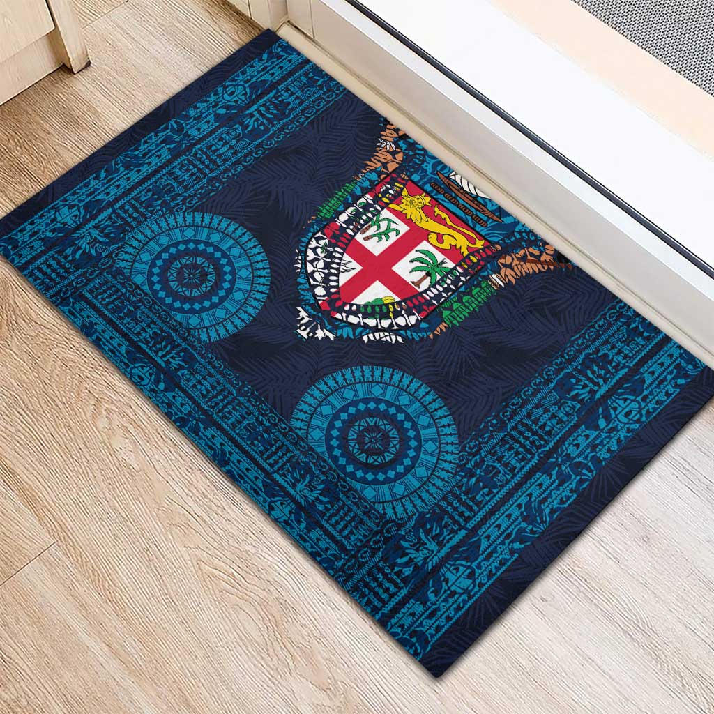 Fiji Coat of Arms Traditional Dashiki Rubber Doormat Tapa Art and Palm Leaves Pattern Dark Navy Color LT03 - Polynesian Pride