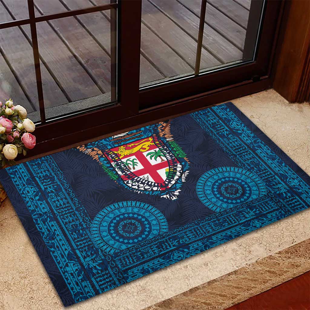 Fiji Coat of Arms Traditional Dashiki Rubber Doormat Tapa Art and Palm Leaves Pattern Dark Navy Color LT03 - Polynesian Pride