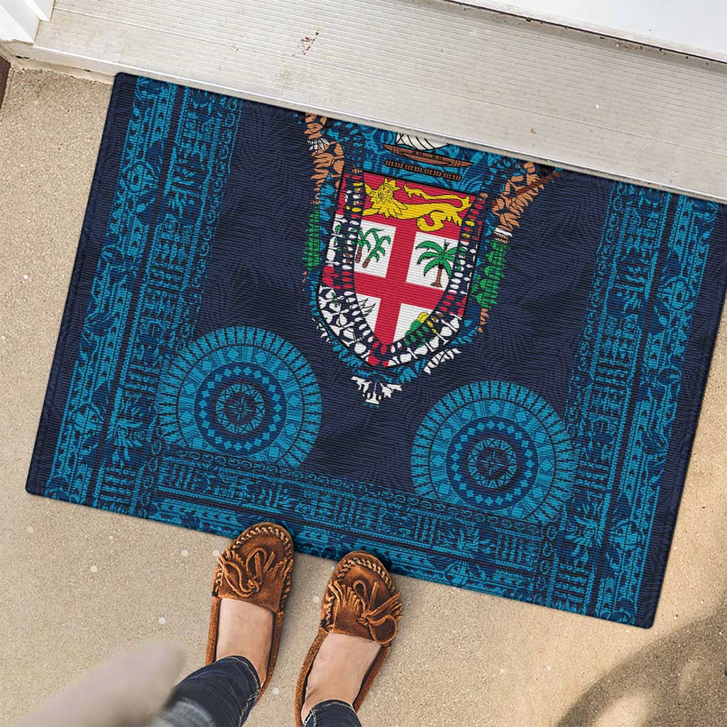 Fiji Coat of Arms Traditional Dashiki Rubber Doormat Tapa Art and Palm Leaves Pattern Dark Navy Color LT03 - Polynesian Pride