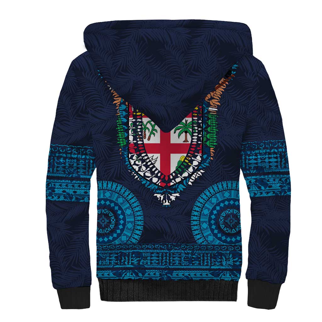 Fiji Coat of Arms Traditional Dashiki Sherpa Hoodie Tapa Art and Palm Leaves Pattern Dark Navy Color LT03 - Polynesian Pride