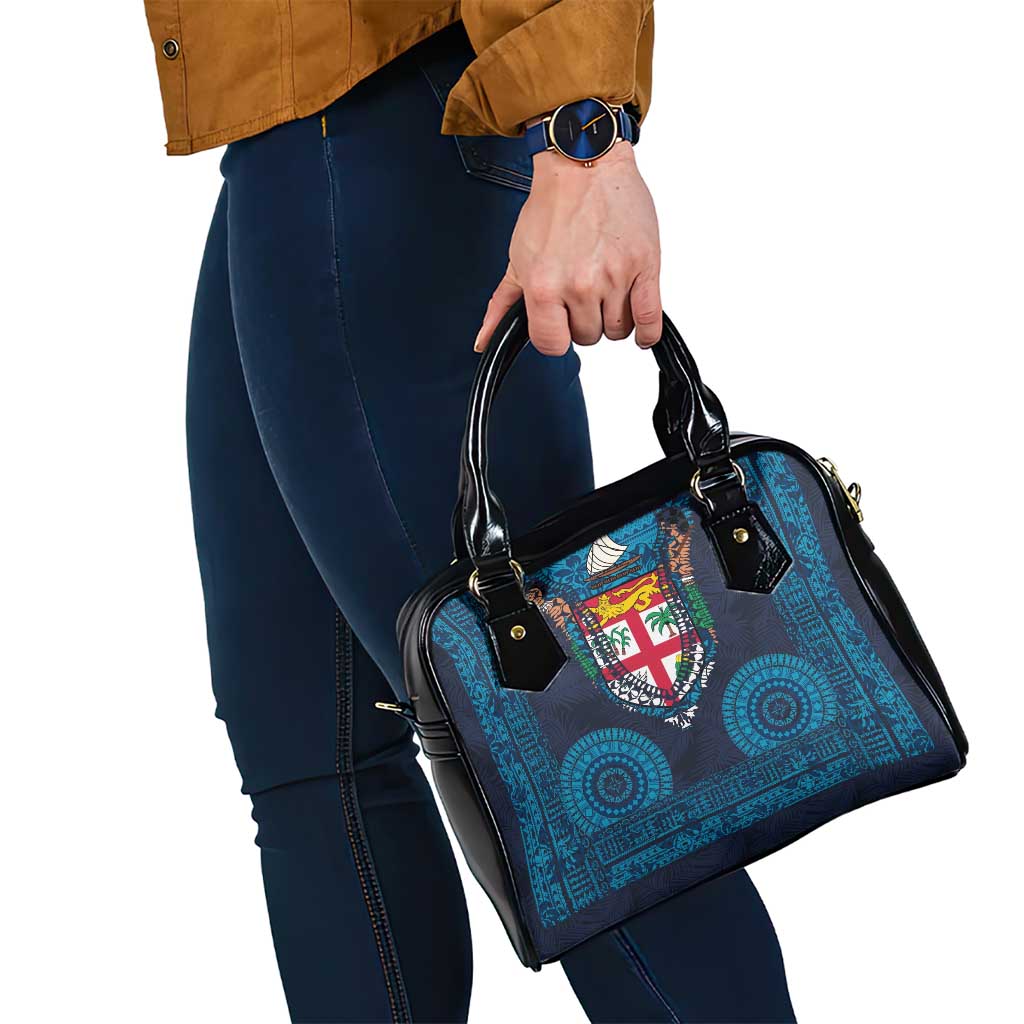 Fiji Coat of Arms Traditional Dashiki Shoulder Handbag Tapa Art and Palm Leaves Pattern Dark Navy Color - Polynesian Pride