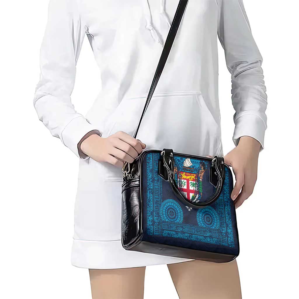 Fiji Coat of Arms Traditional Dashiki Shoulder Handbag Tapa Art and Palm Leaves Pattern Dark Navy Color - Polynesian Pride