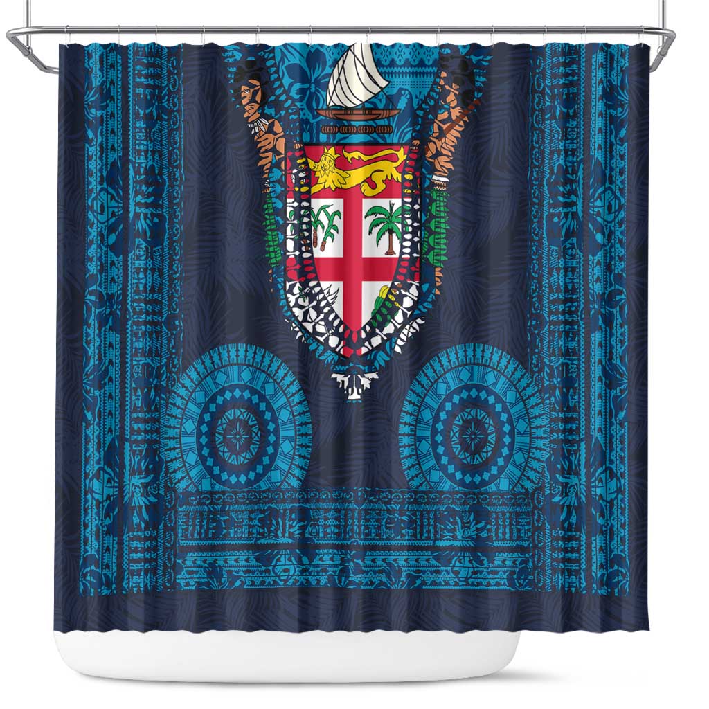 Fiji Coat of Arms Traditional Dashiki Shower Curtain Tapa Art and Palm Leaves Pattern Dark Navy Color LT03 Navy - Polynesian Pride