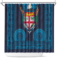 Fiji Coat of Arms Traditional Dashiki Shower Curtain Tapa Art and Palm Leaves Pattern Dark Navy Color LT03 Navy - Polynesian Pride
